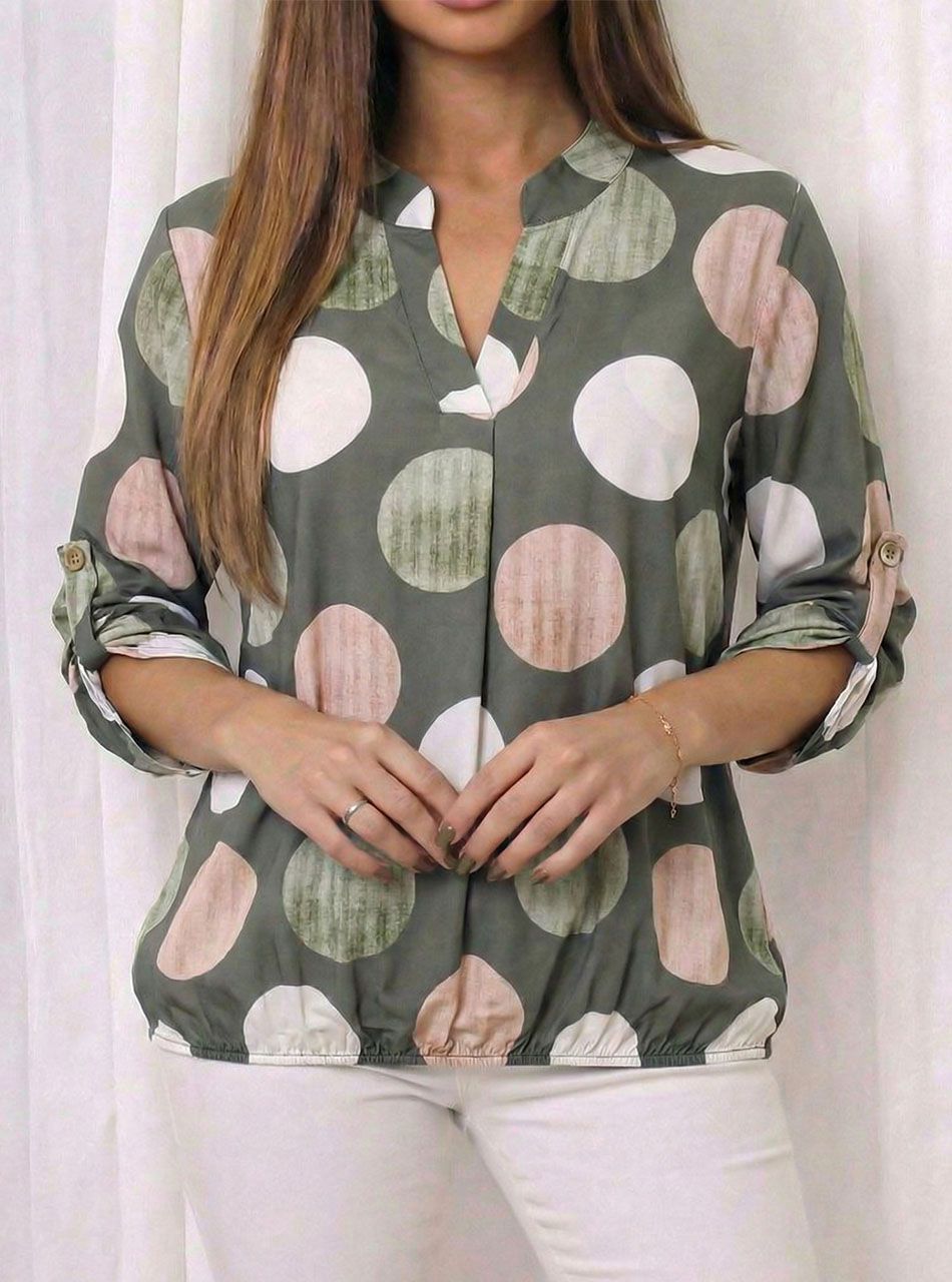 Felgombolható ujjú, pöttyös-mintás gumis aljú felső (kheki)