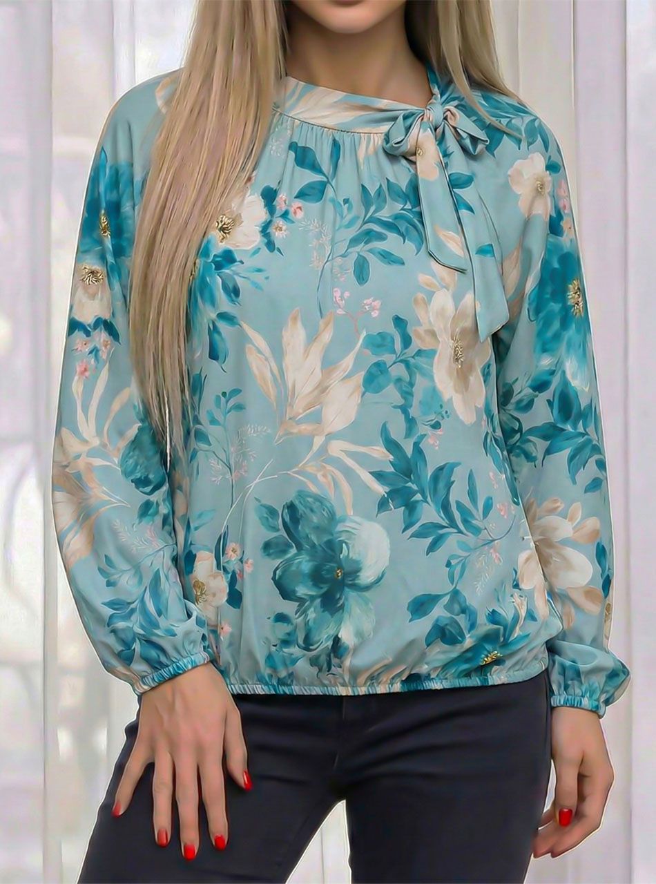 Nyaknál kötős, gumis aljú virág mintás felső (türkiz)