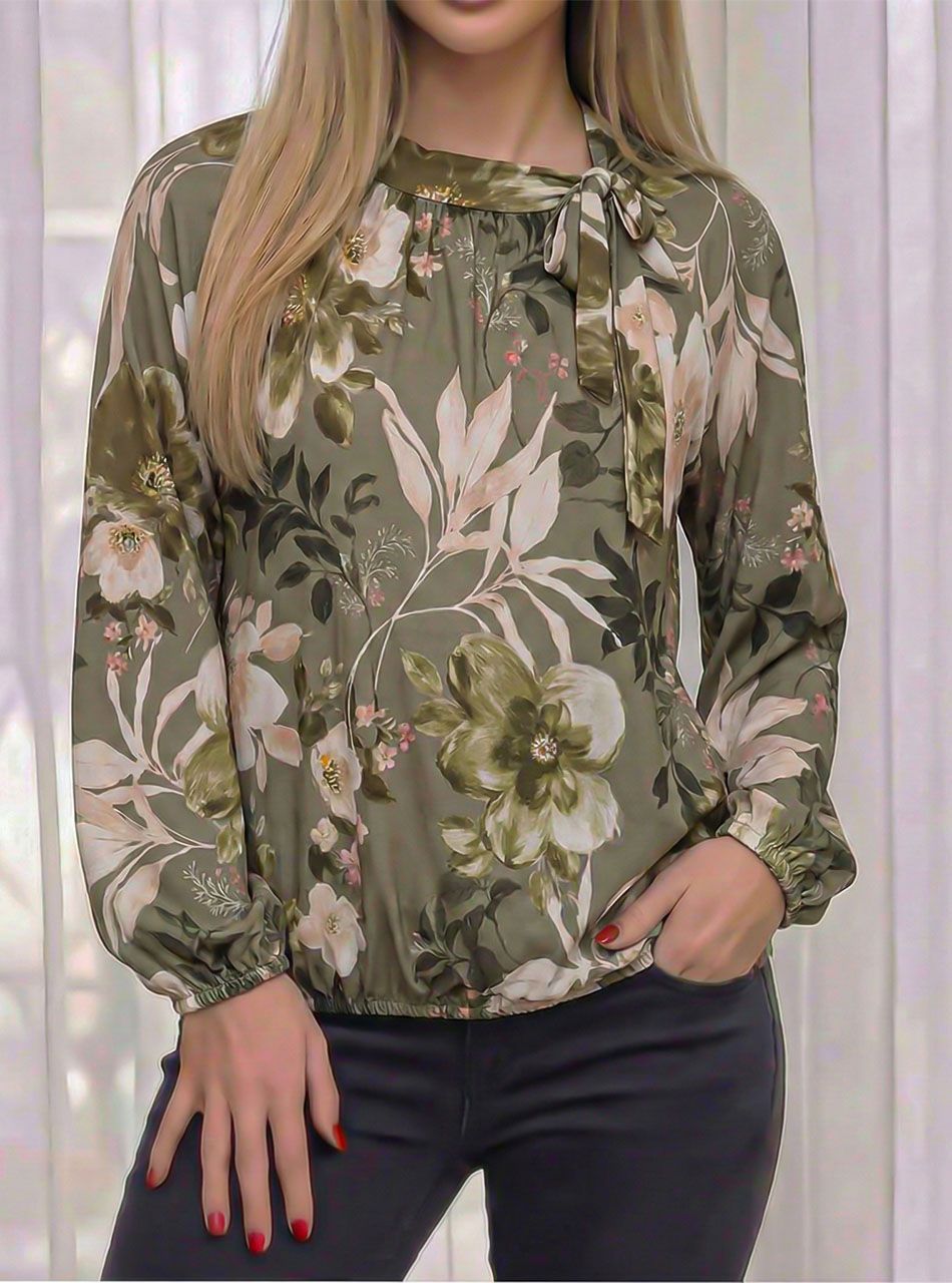 Nyaknál kötős, gumis aljú virág mintás felső (kheki)