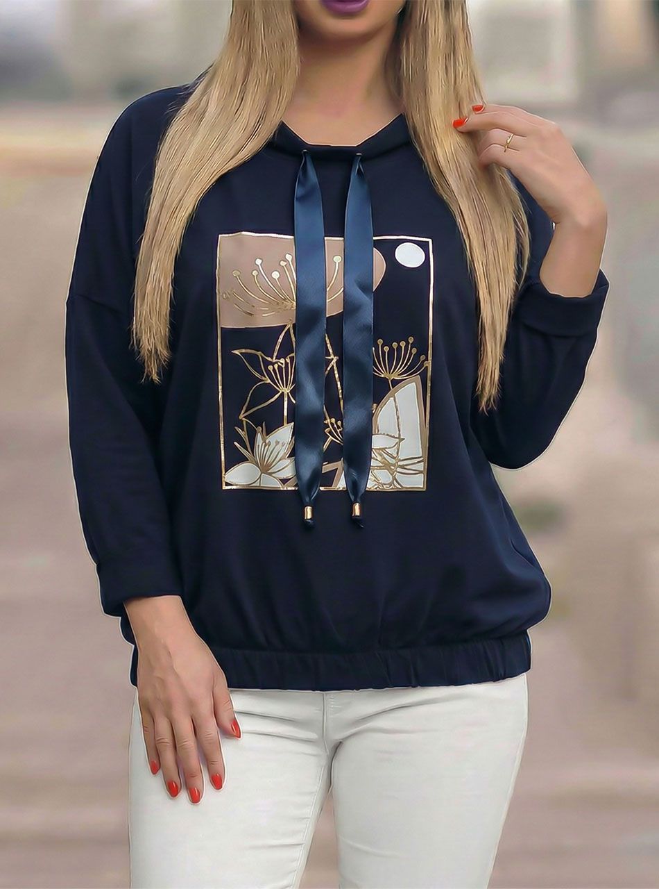 Nyaknál húzható, gumis aljú mintás felső (sötétkék)