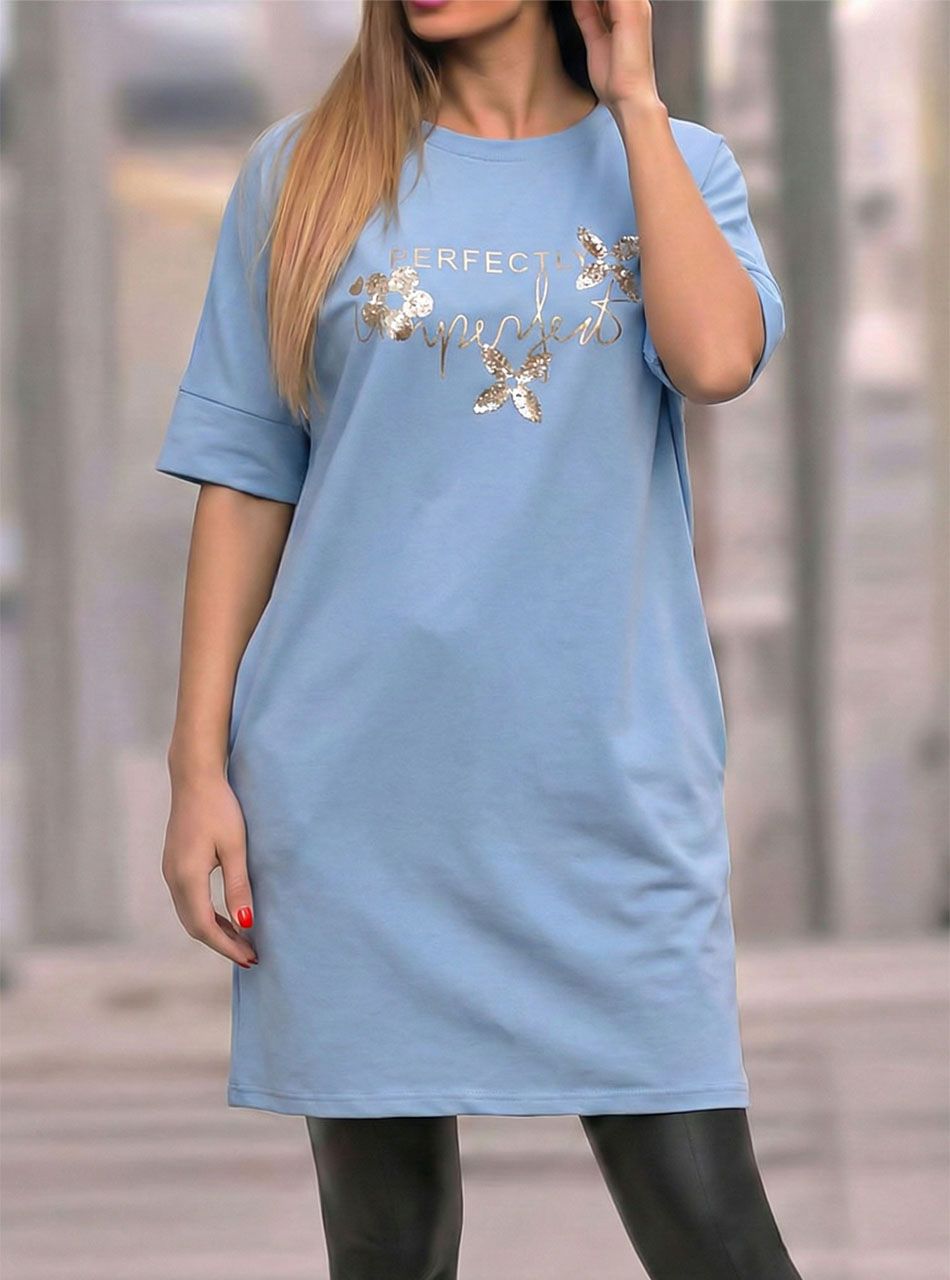 Flitteres-virág mintás zsebes ruha (világoskék)