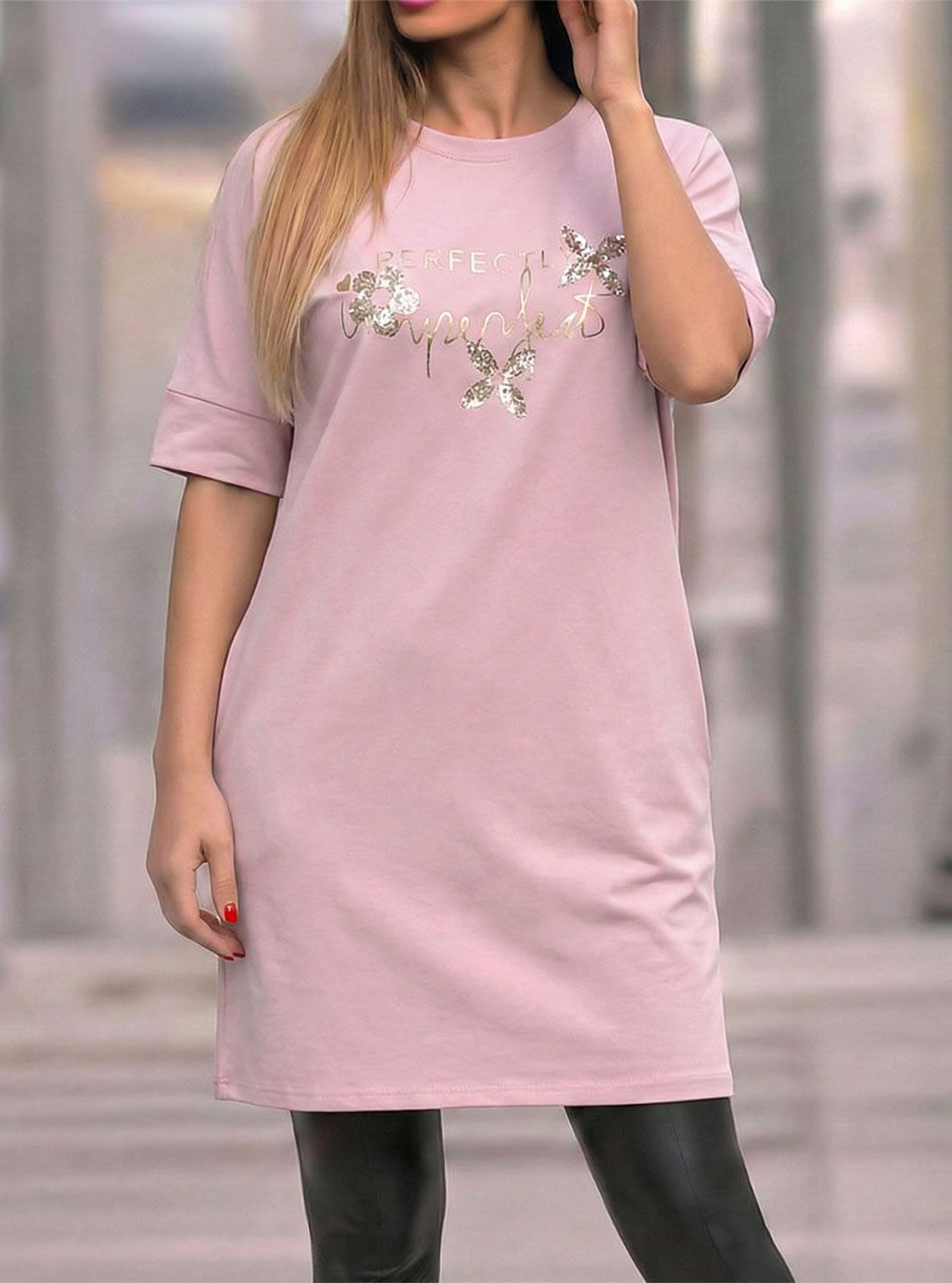 Flitteres-virág mintás zsebes ruha (rózsaszín)