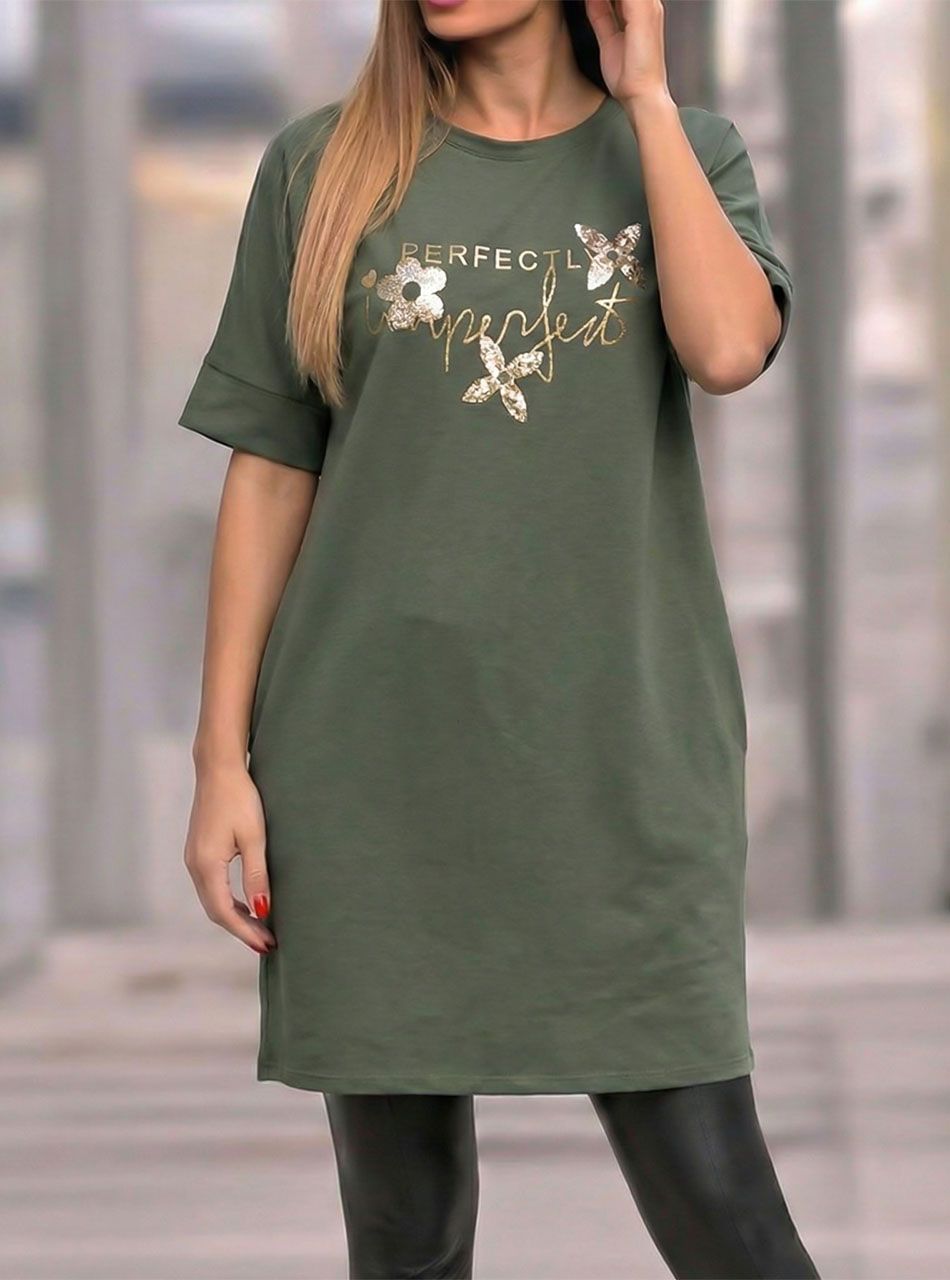 Flitteres-virág mintás zsebes ruha (kheki)