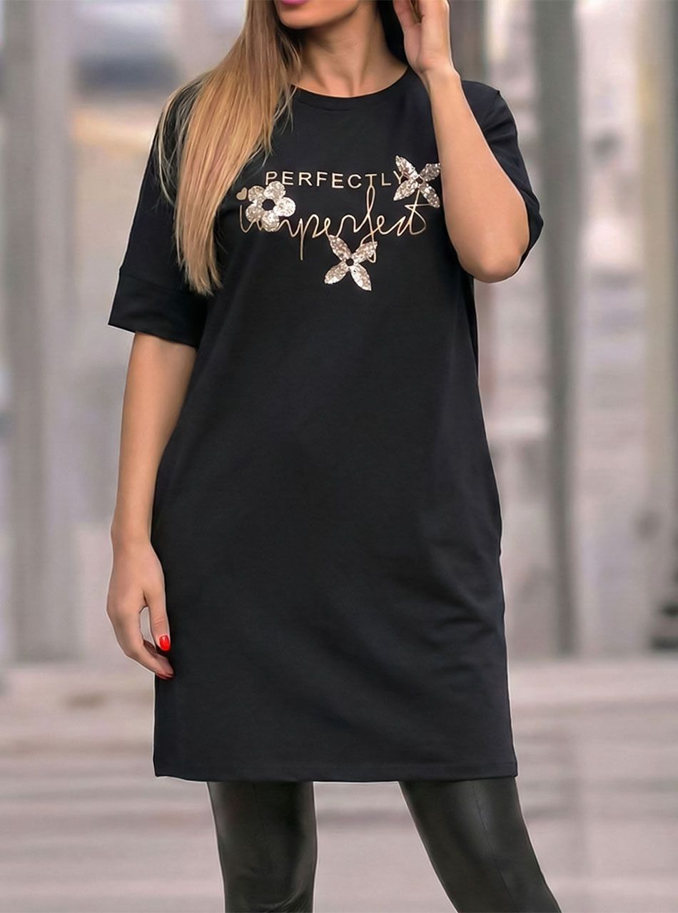 Flitteres-virág mintás zsebes ruha (fekete)