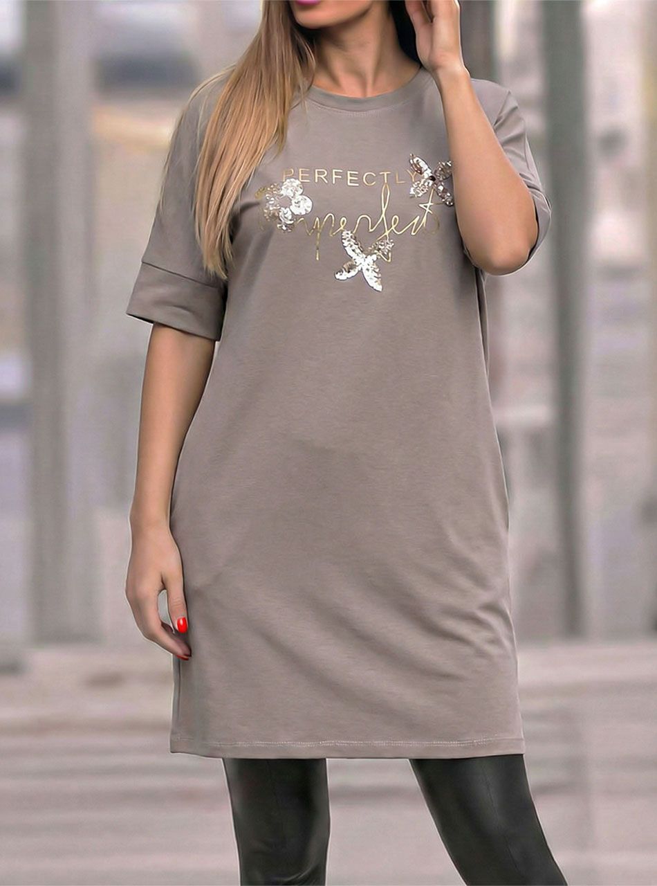 Flitteres-virág mintás zsebes ruha (tejeskávé)