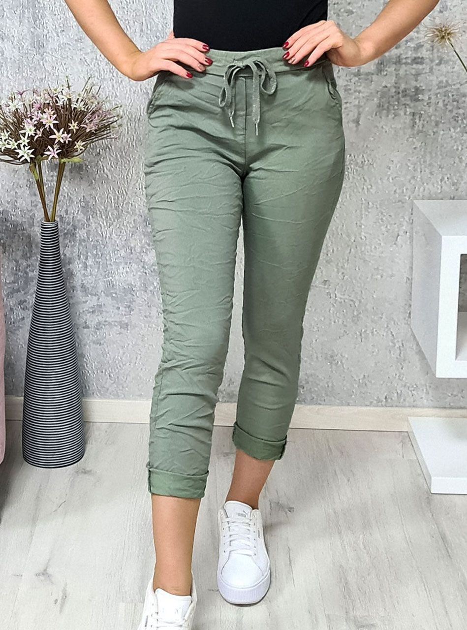 Gyűrt hatású, zsebes nadrág (kheki)