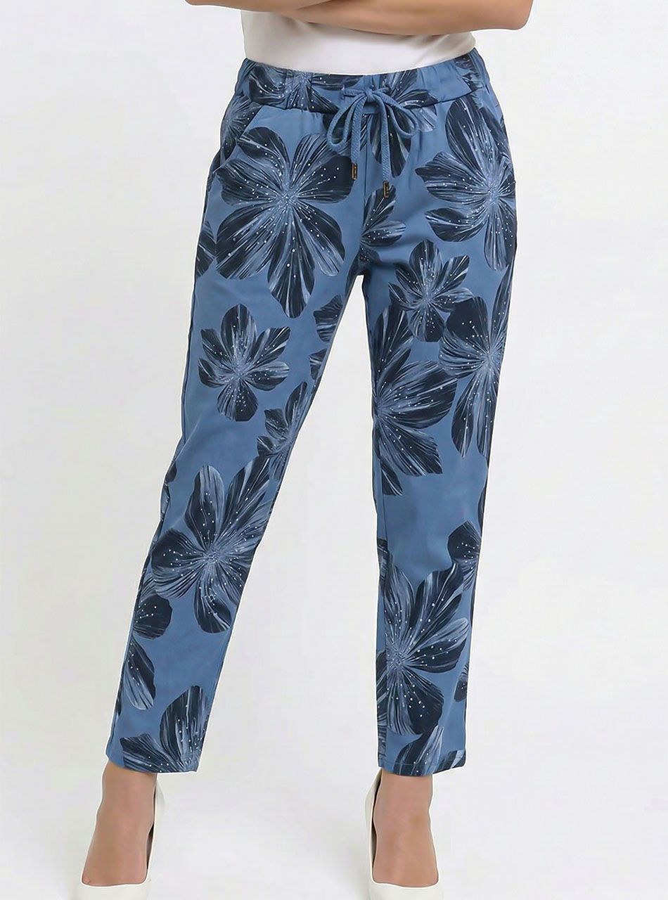 Virág mintás, gumis derekú zsebes nadrág (farmerkék)