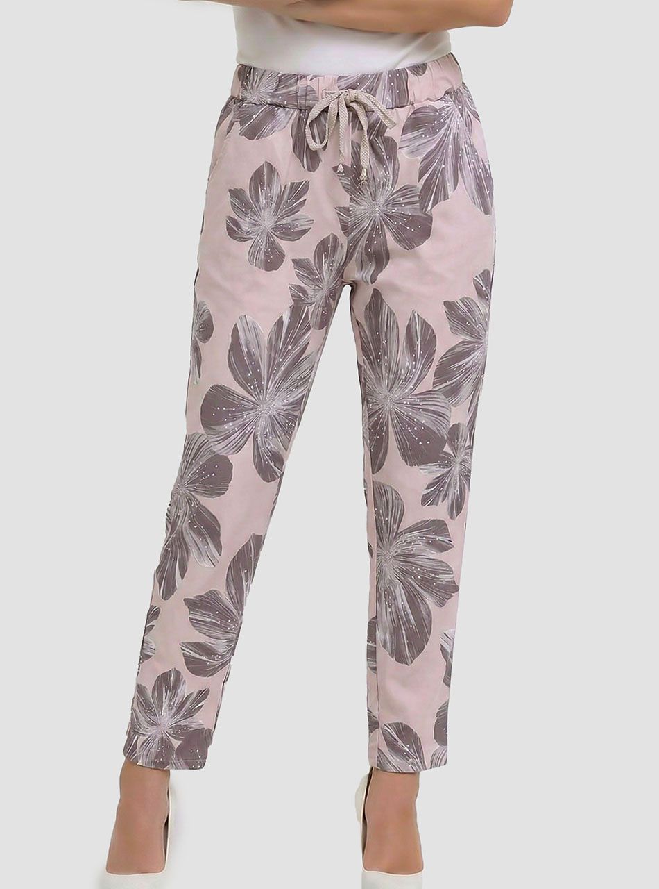 Virág mintás, gumis derekú zsebes nadrág (púder)