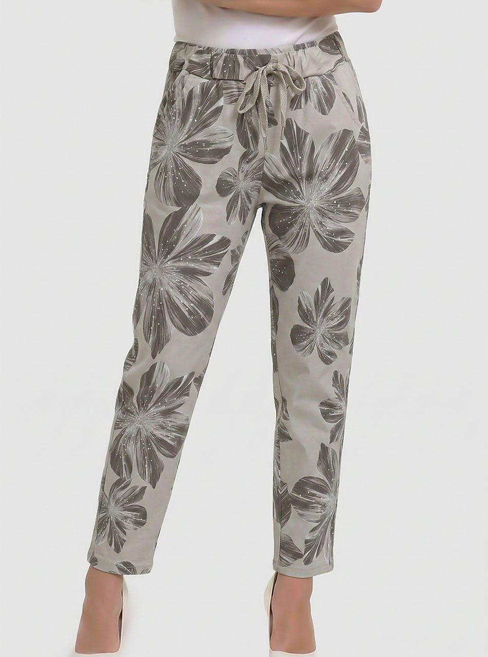 Virág mintás, gumis derekú zsebes nadrág (bézs)