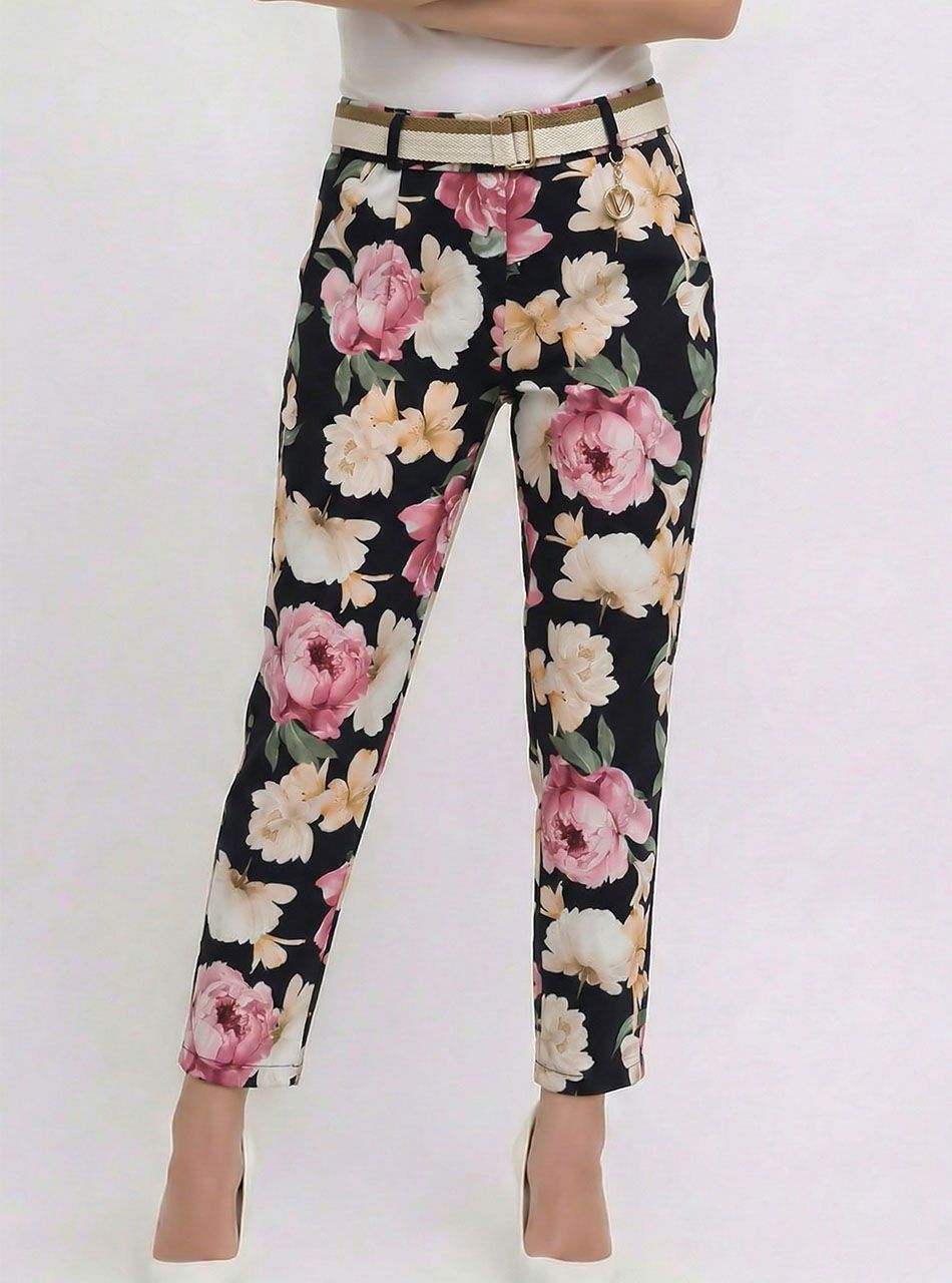 Virág mintás, gumis derekú zsebes nadrág övvel (fekete)