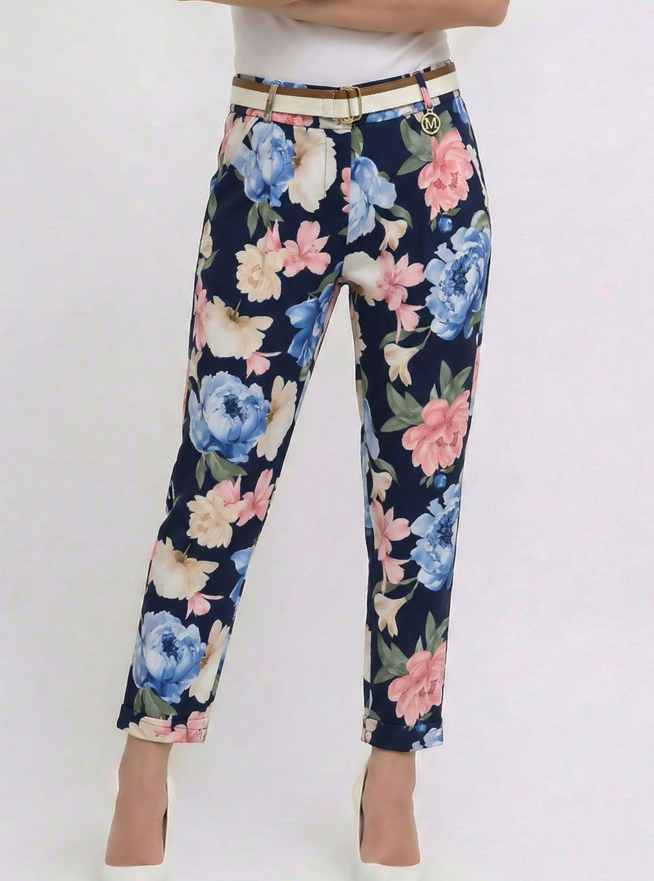 Virág mintás, gumis derekú zsebes nadrág övvel (sötétkék)