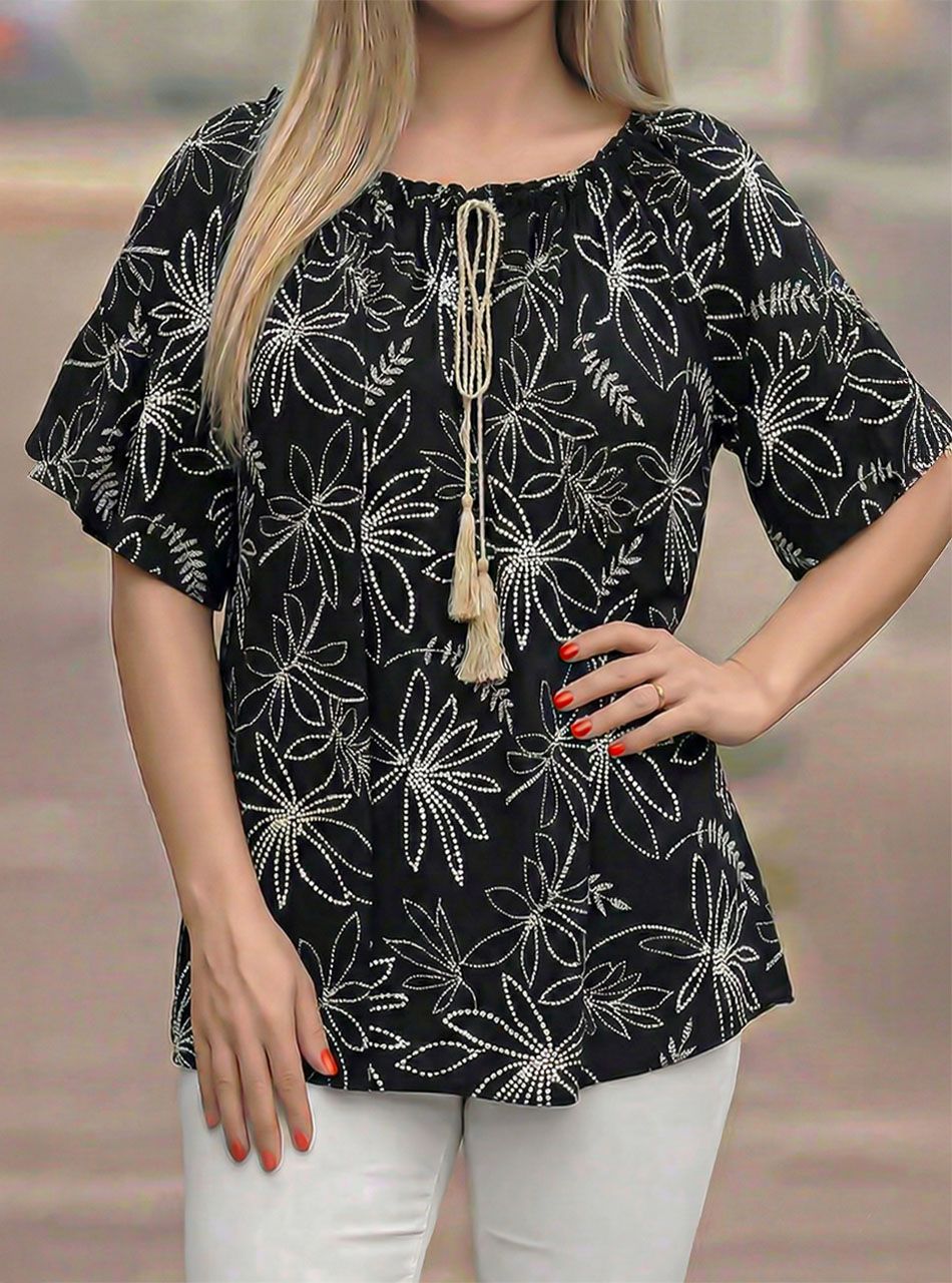 Nyaknál gumírozott, nyomott mintás felső (fekete)