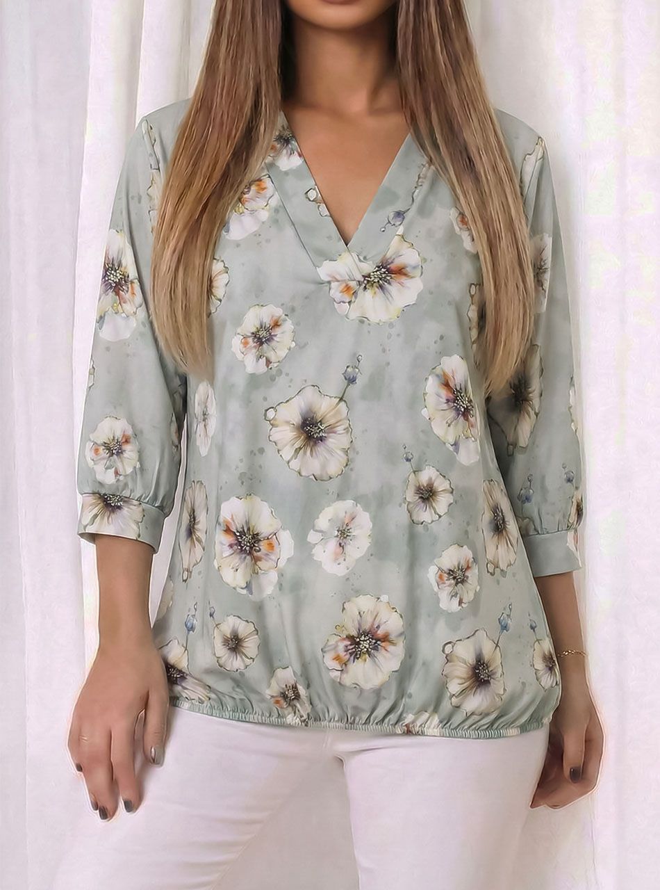 V nyakú, gumis aljú virág mintás felső (világos kheki)