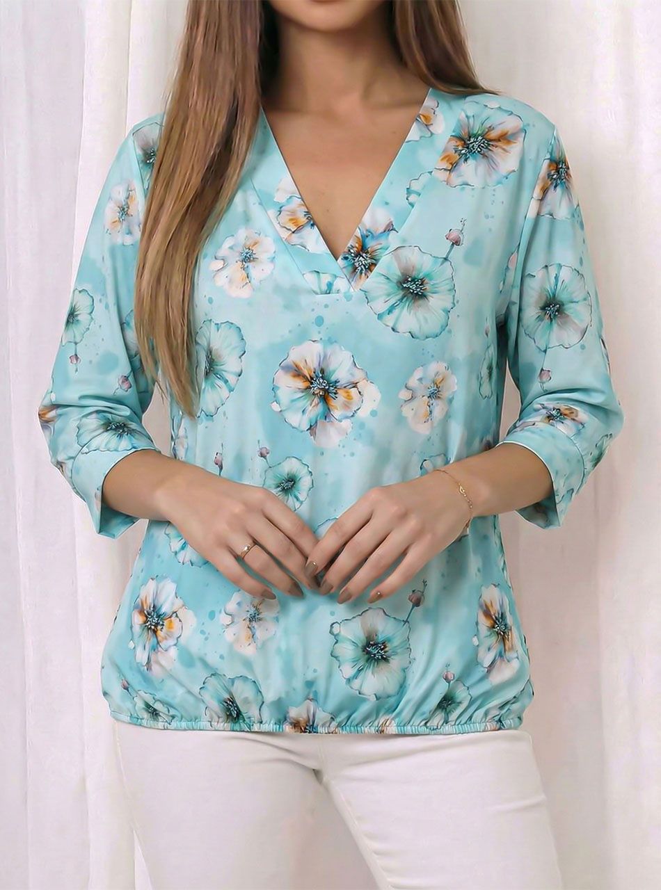 V nyakú, gumis aljú virág mintás felső (vízzöld)