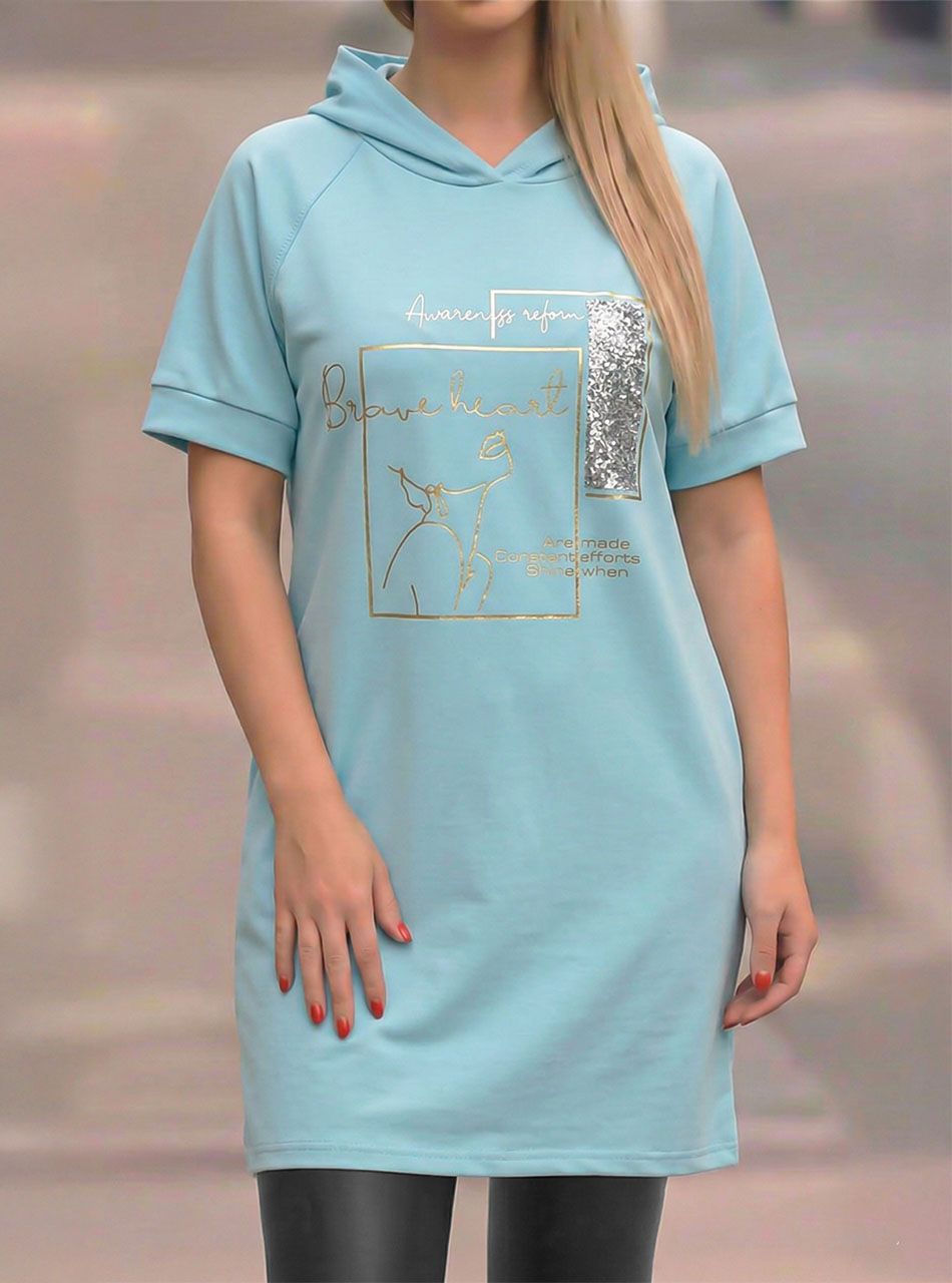 Kapucnis, flitteres zsebes tunika (vízkék)