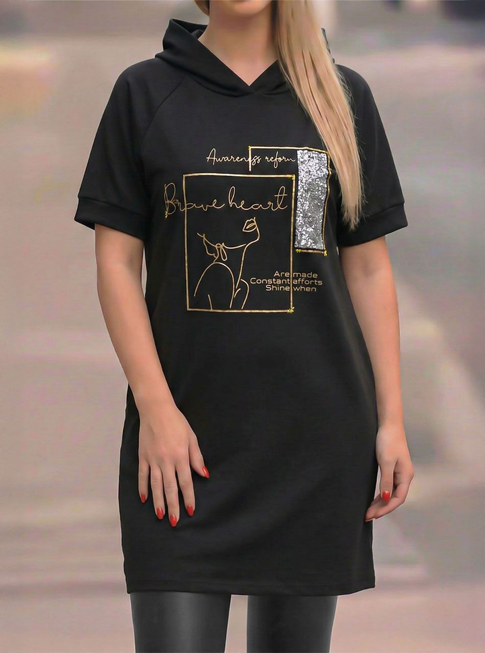 Kapucnis, flitteres zsebes tunika (fekete)