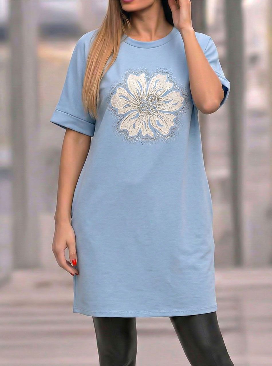 Strasszos-virág mintás zsebes ruha (világoskék)