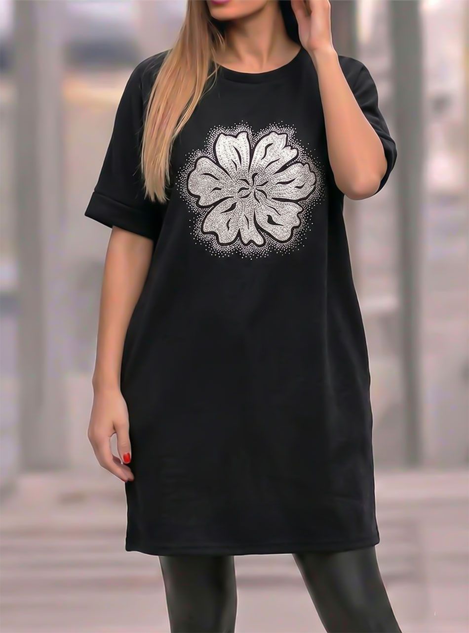 Strasszos-virág mintás zsebes ruha (fekete)