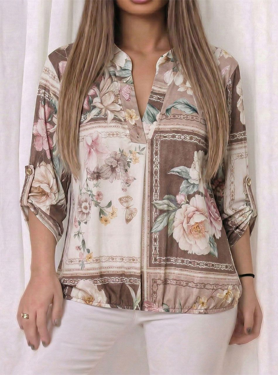 Felgombolható ujjú, gumis aljú mintás felső (tejeskávé)