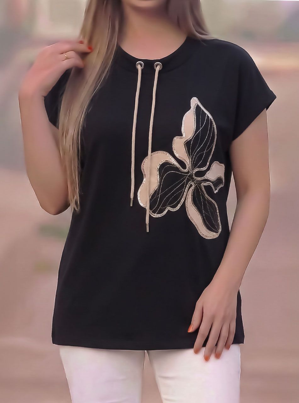 Nyaknál húzható, flitteres-virág mintás felső (fekete)