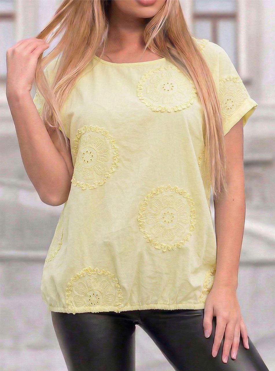 Hátul köthető, hímzett mintás felső (sárga)