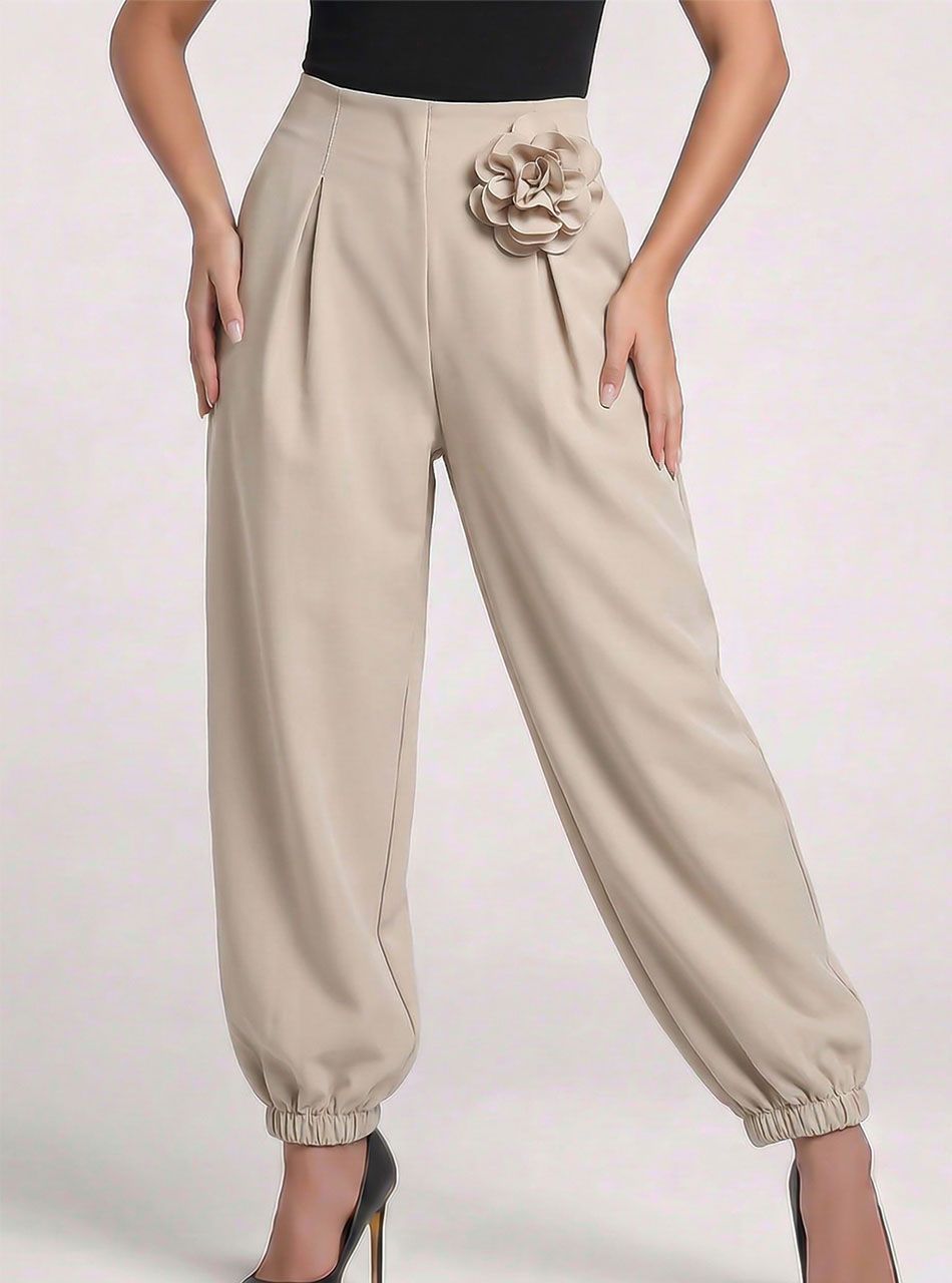 Gumis aljú, virágdíszes nadrág (bézs)