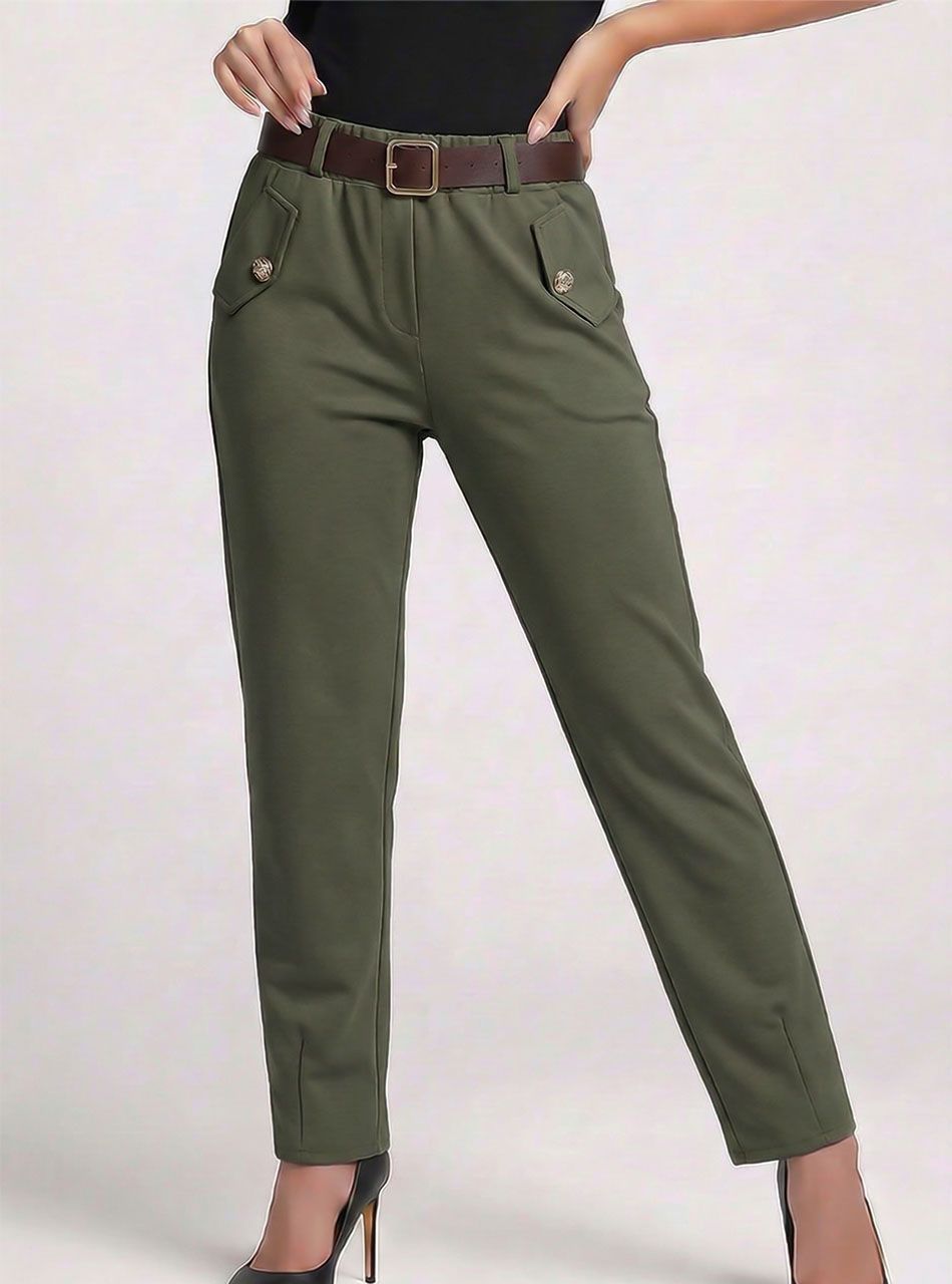 Gombdíszes-zsebes, gumis derekú nadrág övvel (kheki)