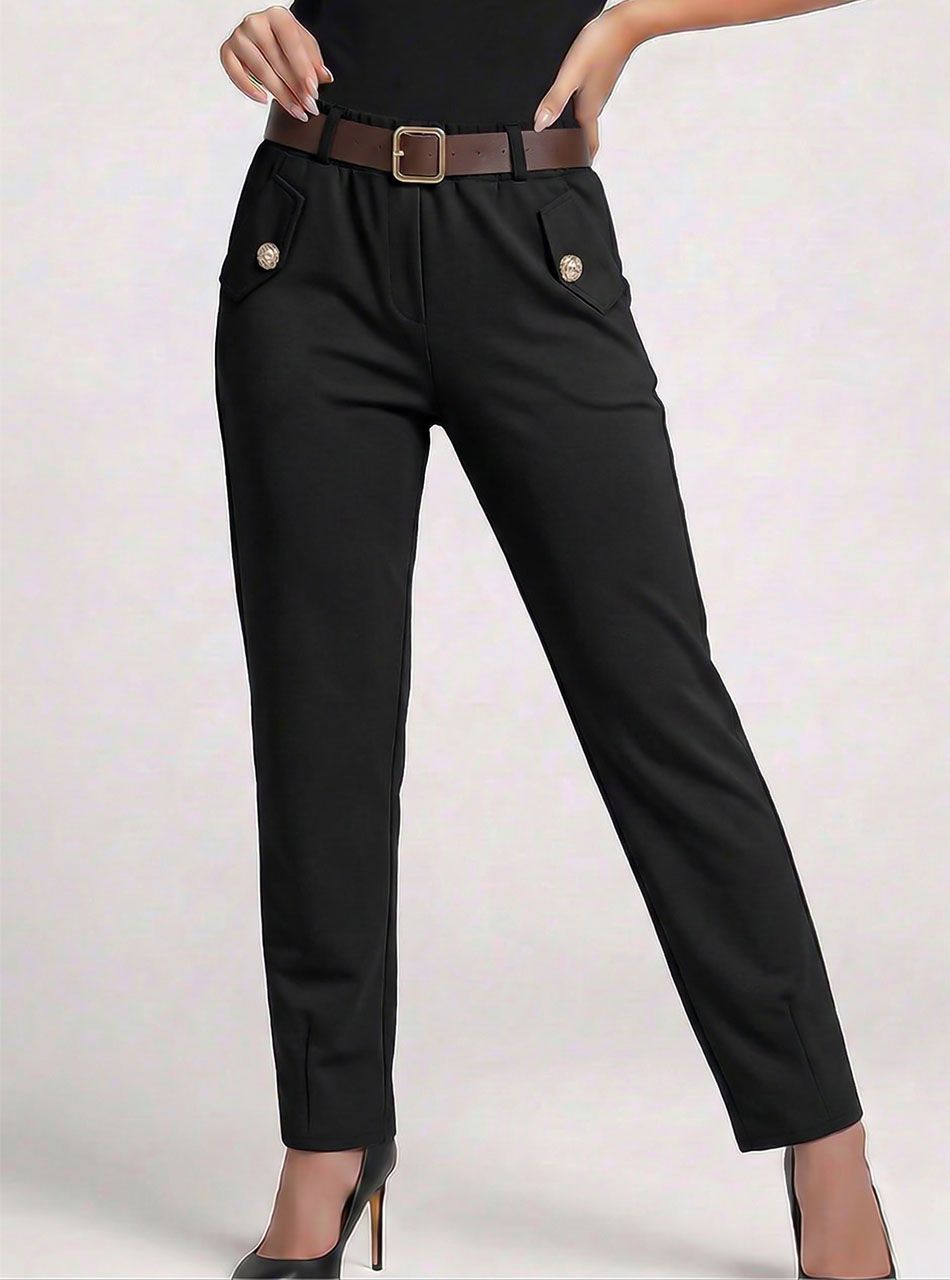 Gombdíszes-zsebes, gumis derekú nadrág övvel (fekete)