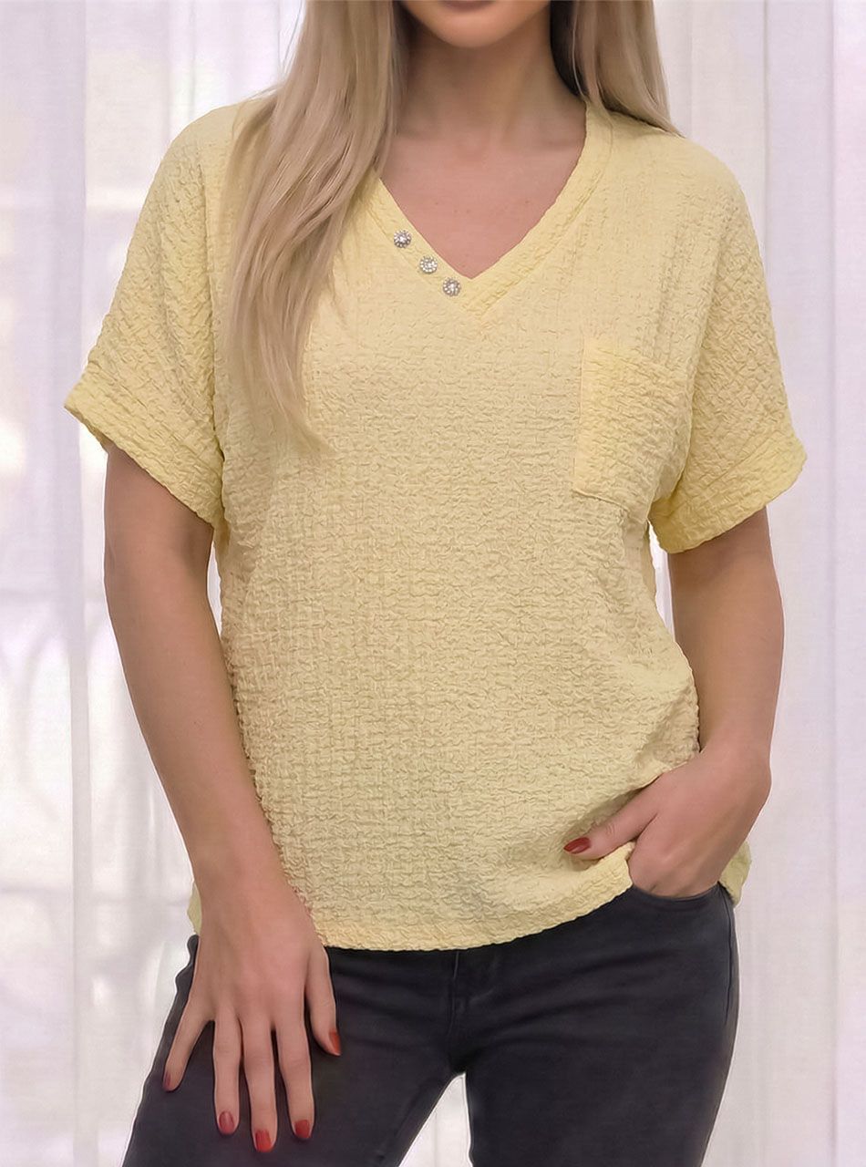 Gyűrt anyagú, V nyakú felső (sárga)