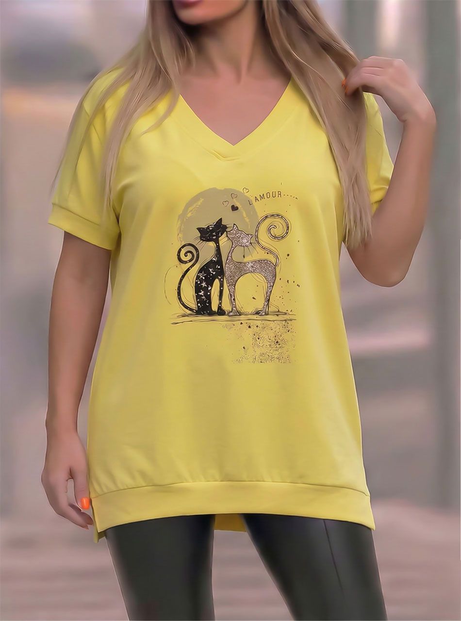 V nyakú, cica mintás felső (sárga)