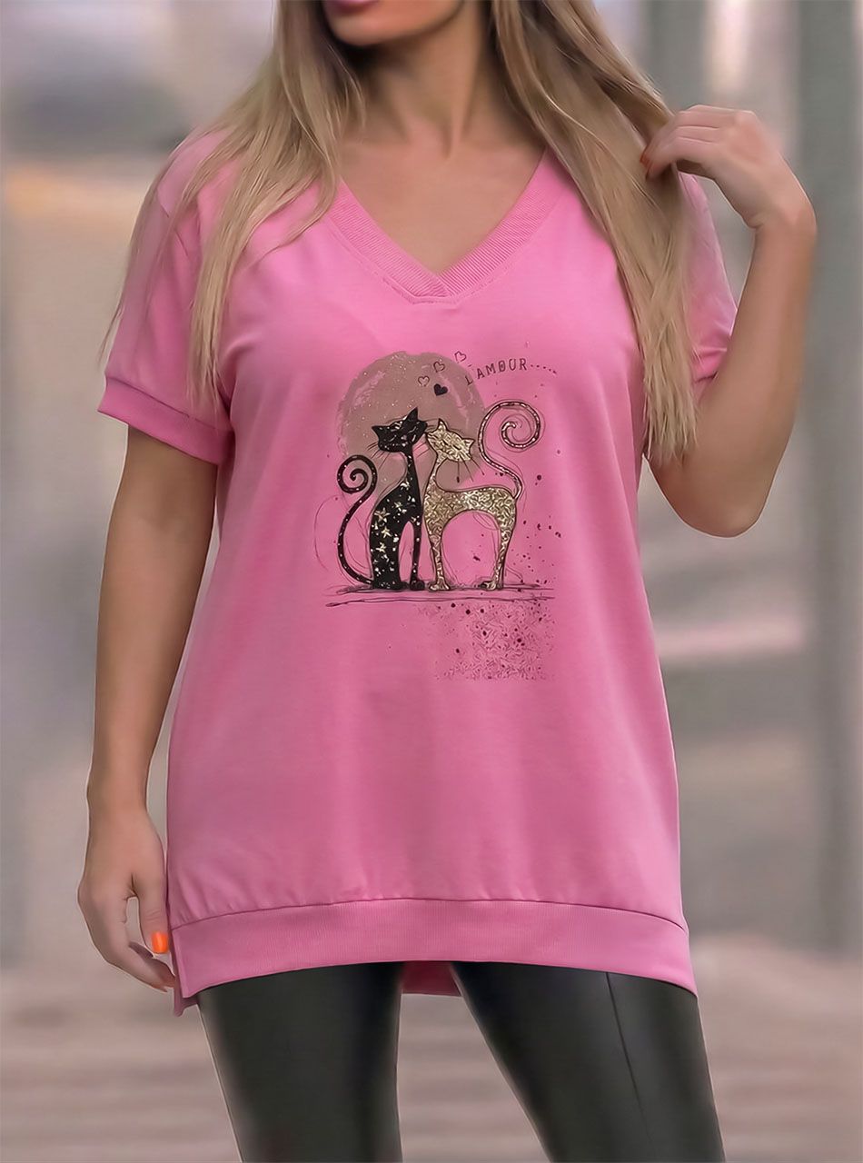 V nyakú, cica mintás felső (puncs)