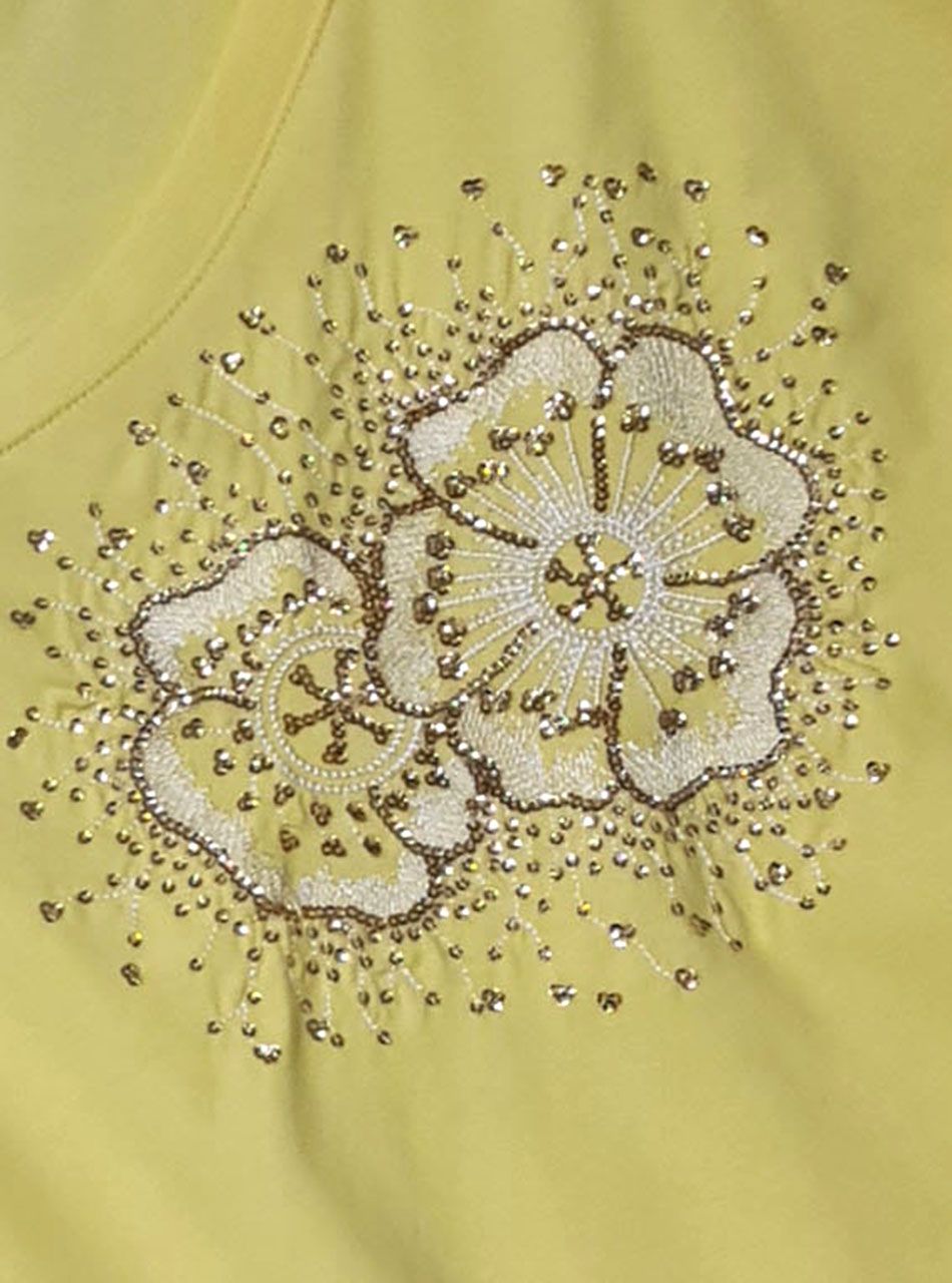 V nyakú, flitteres-virág mintás felső (sárga)