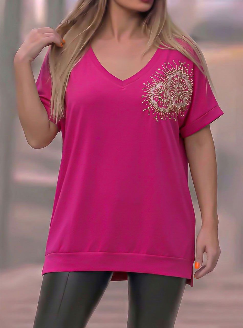 V nyakú, flitteres-virág mintás felső (pink)