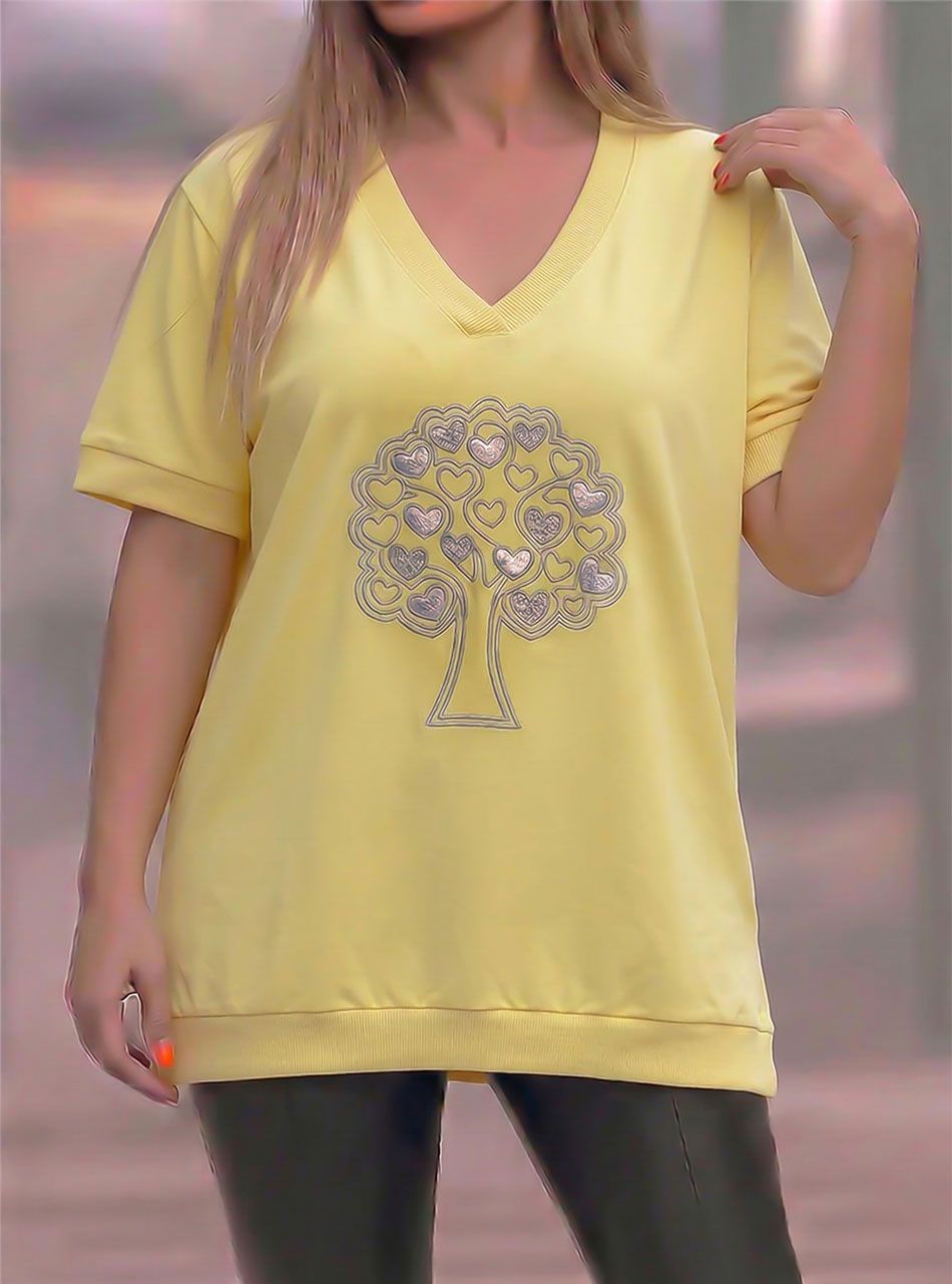 Hímzett mintás, V nyakú felső (sárga) 