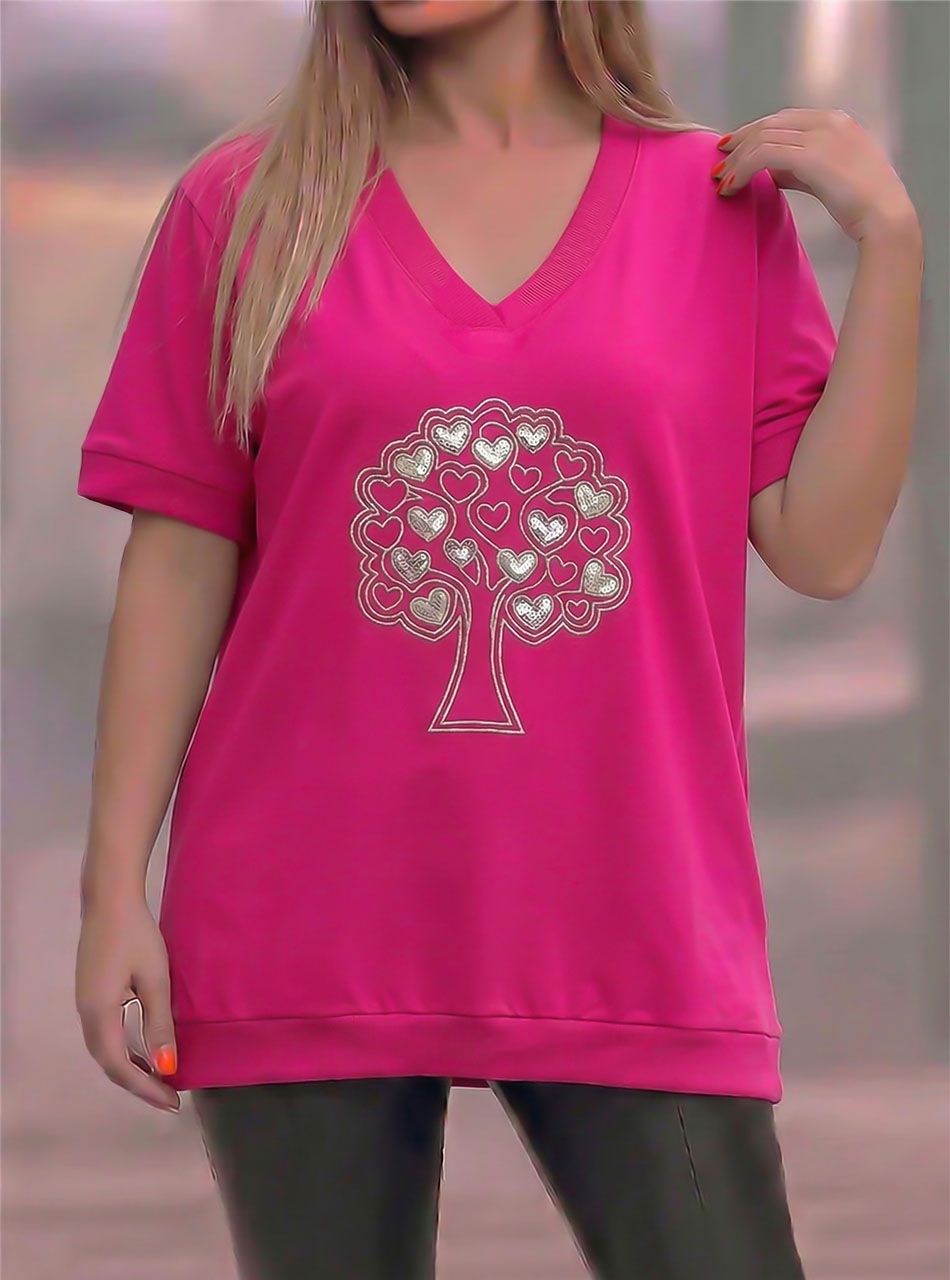 Hímzett mintás, V nyakú felső (pink)