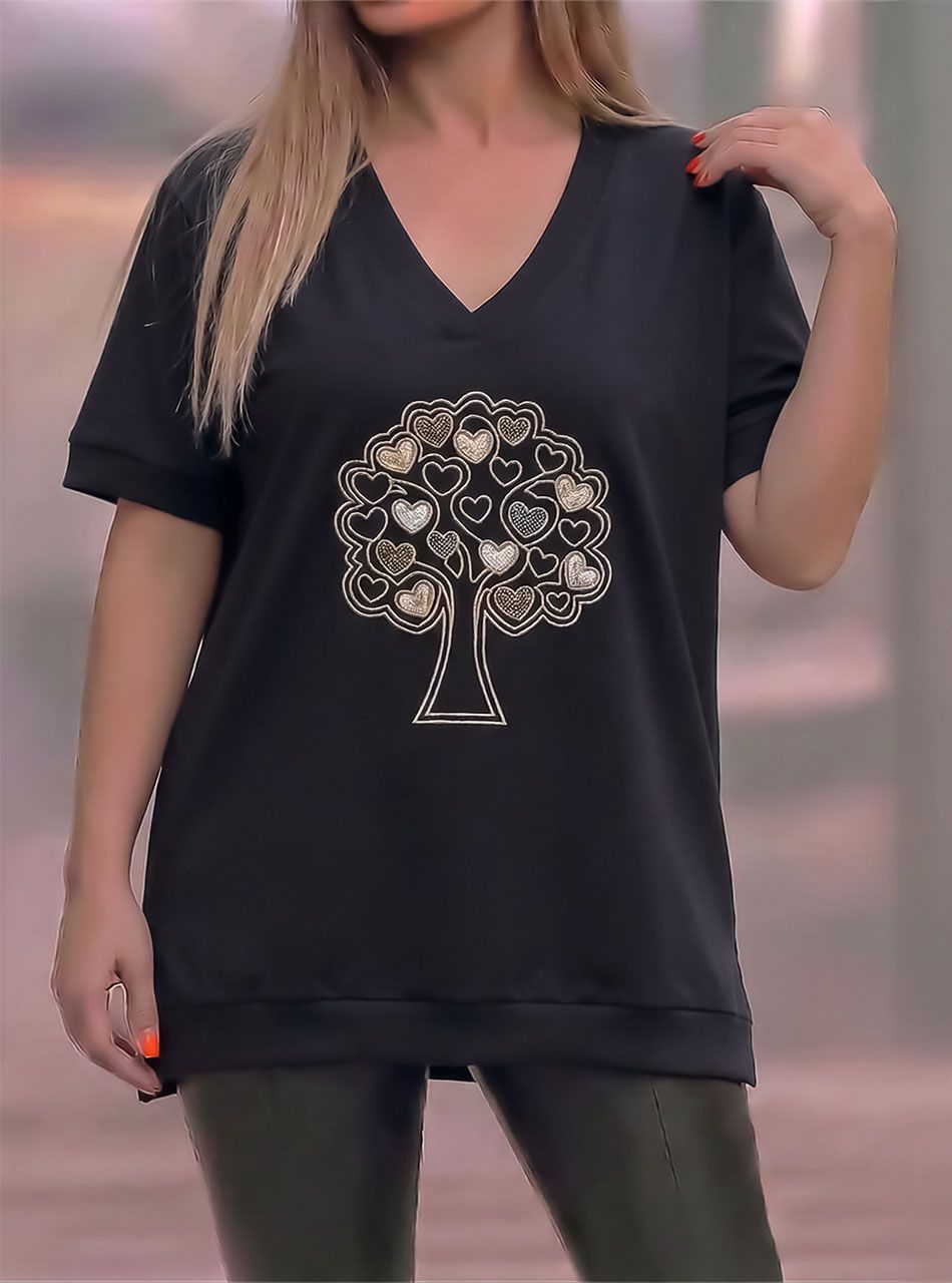 Hímzett mintás, V nyakú felső (fekete)