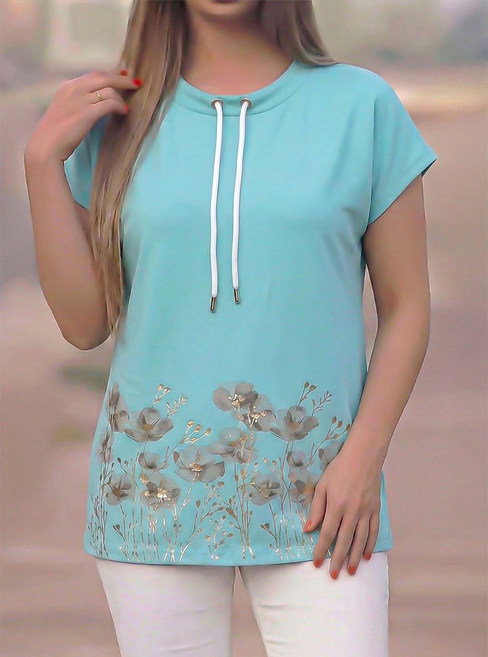 Nyaknál húzható, virág mintás felső (vízzöld)