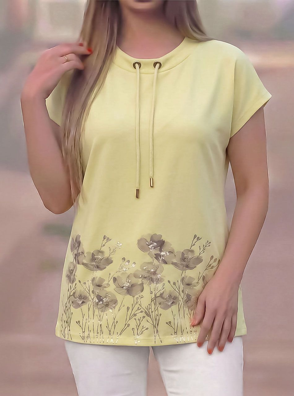 Nyaknál húzható, virág mintás felső (sárga)