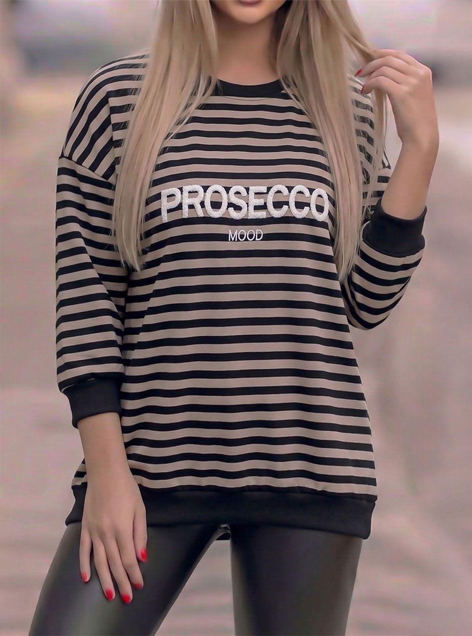 PROSECCO feliratos, csíkos felső (tejeskávé-fekete)