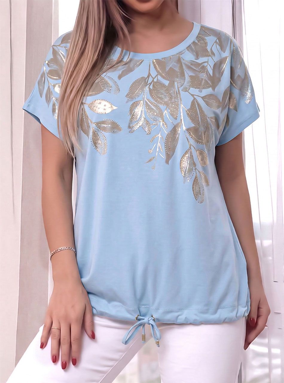 Alján húzható, levél mintás strasszos felső (világoskék)