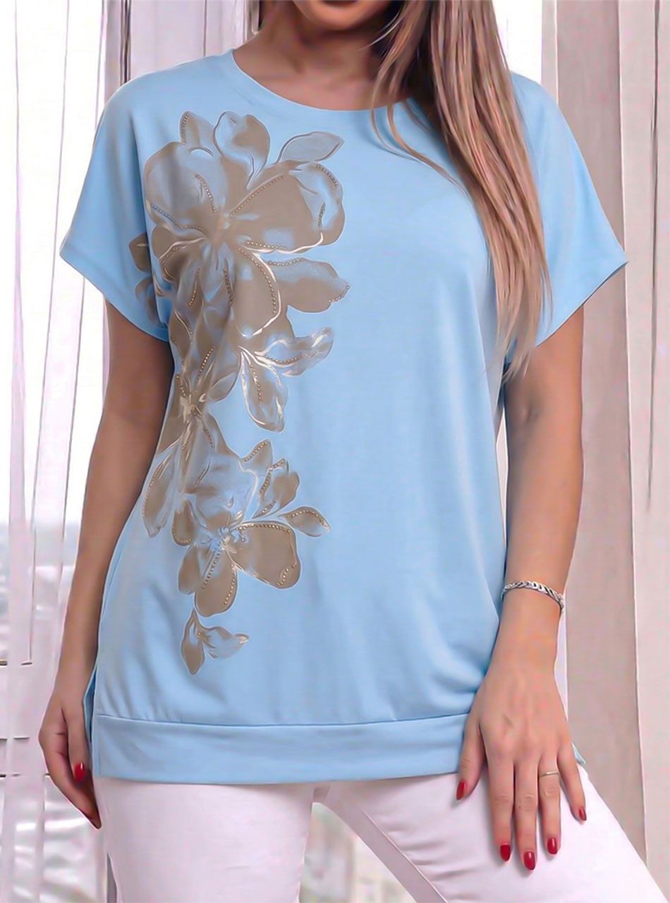 Kétoldalt felvágott, strasszos-mintás felső (világoskék) 