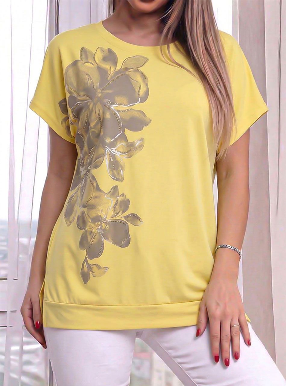 Kétoldalt felvágott, strasszos-mintás felső (sárga)