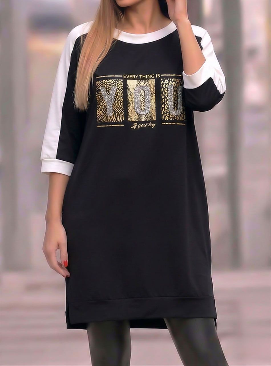 Nyomott mintás-flitteres, zsebes ruha (fekete)