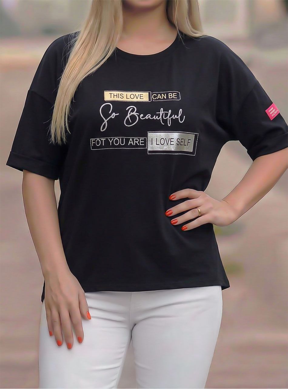 Strasszos-feliratos, mintás felső (fekete)