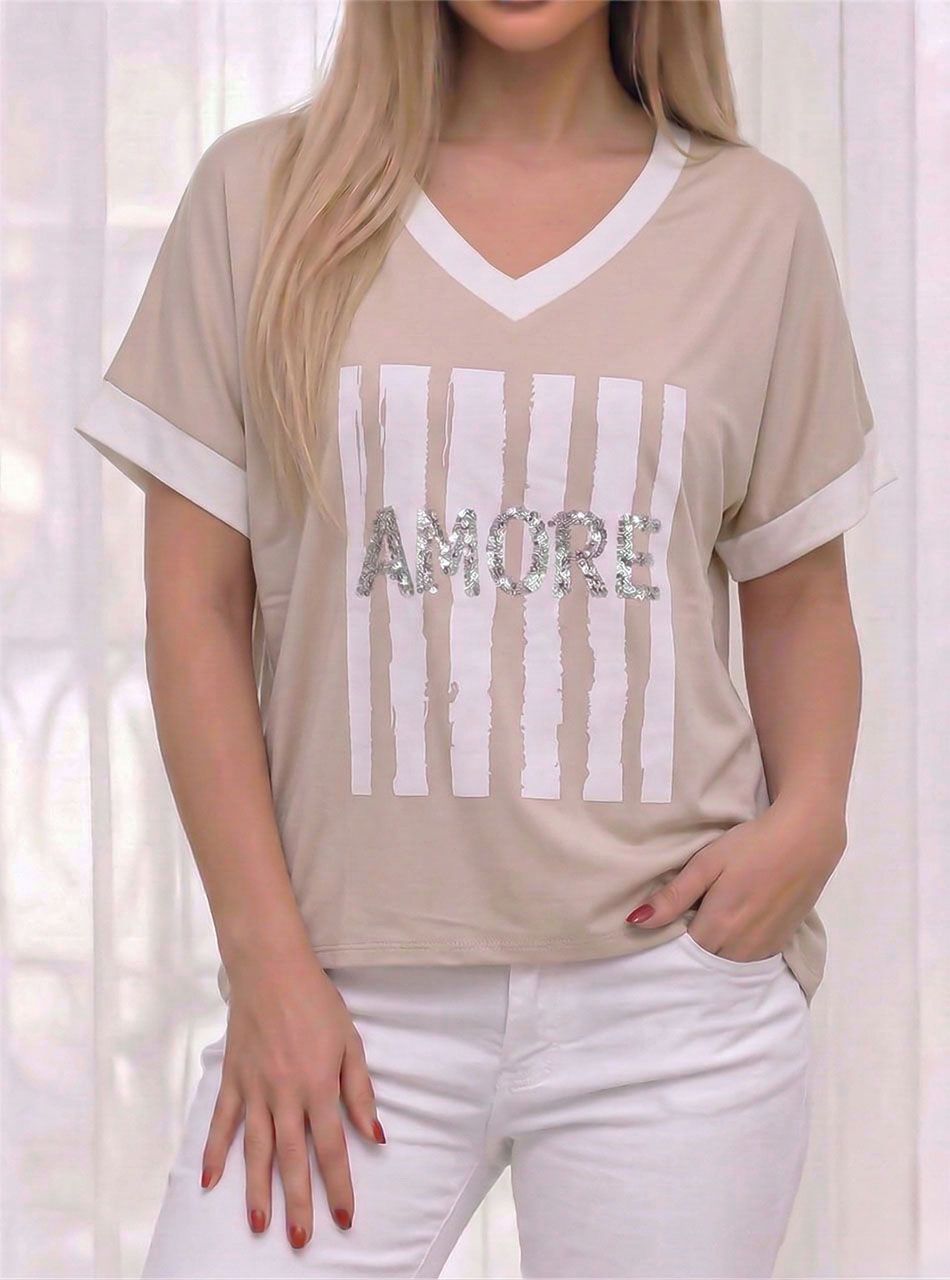 Nyomott mintás-flitteres, V nyakú felső (bézs)