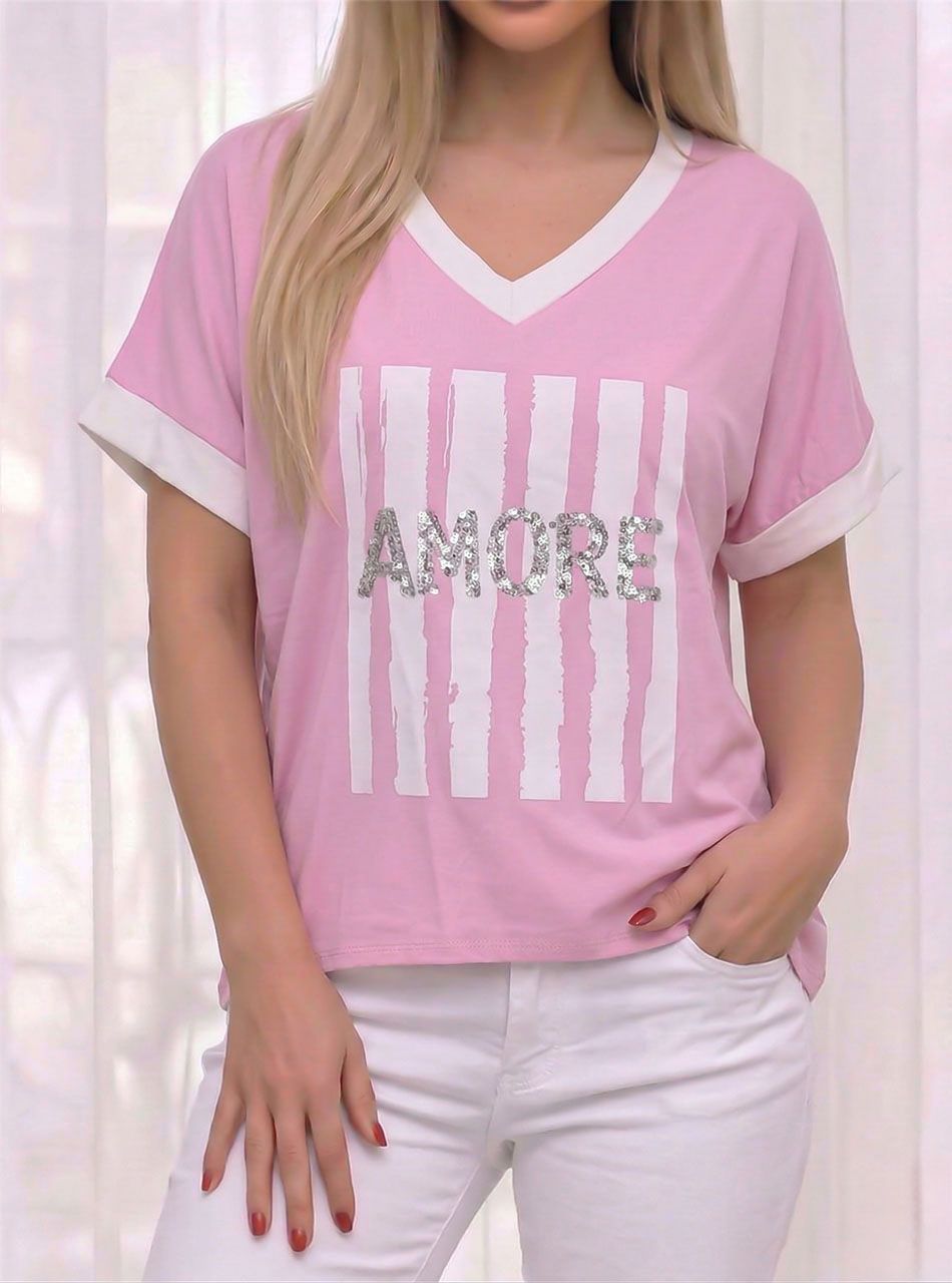 Nyomott mintás-flitteres, V nyakú felső (rózsaszín)