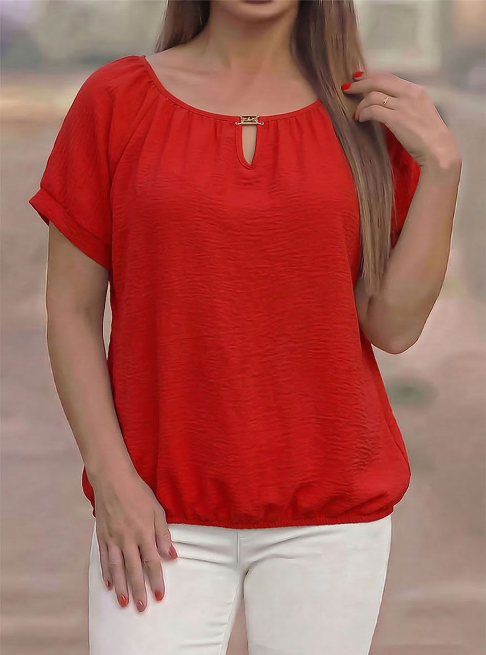 Hailey felgombolható ujjú, gumis aljú felső (piros)