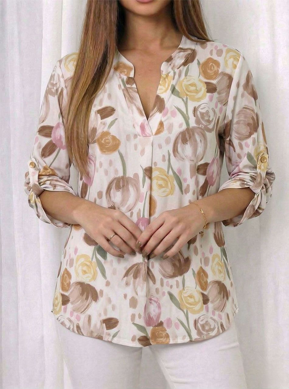 Felgombolható ujjú, V nyakú mintás felső (bézs)