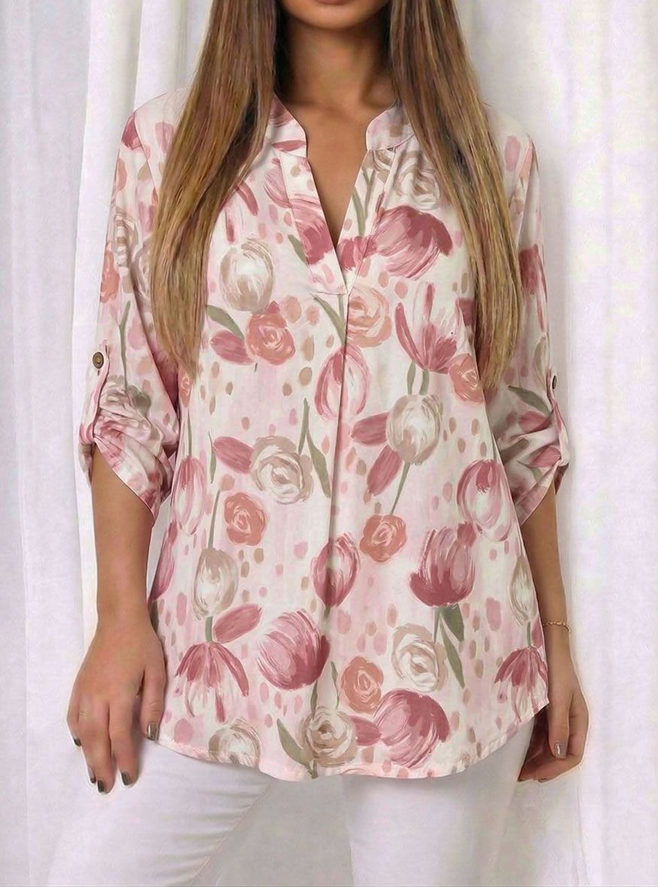 Felgombolható ujjú, V nyakú mintás felső (púder)