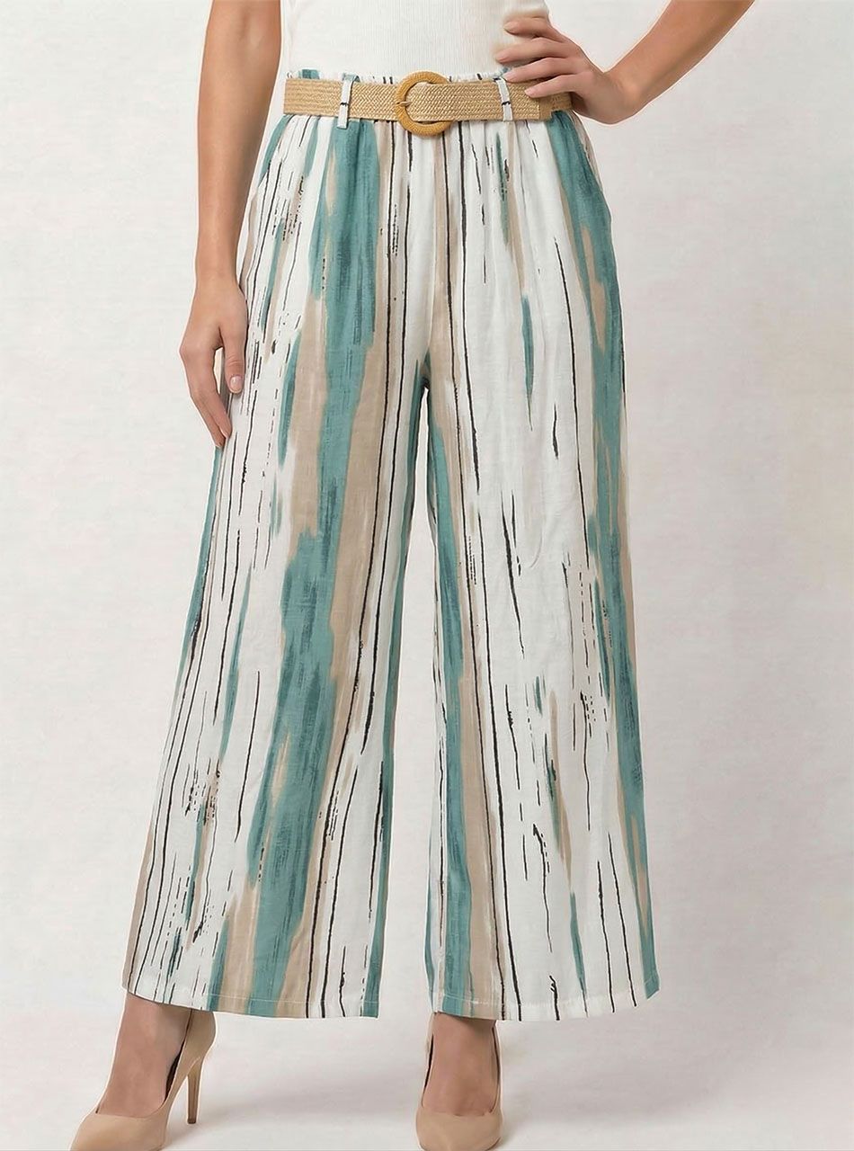 Gumis derekú, mintás lenge nadrág övvel (zöld)